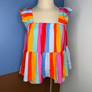 AndTheWhy Rainbow Striped Babydoll Tank Ruffle Strap Size Small
